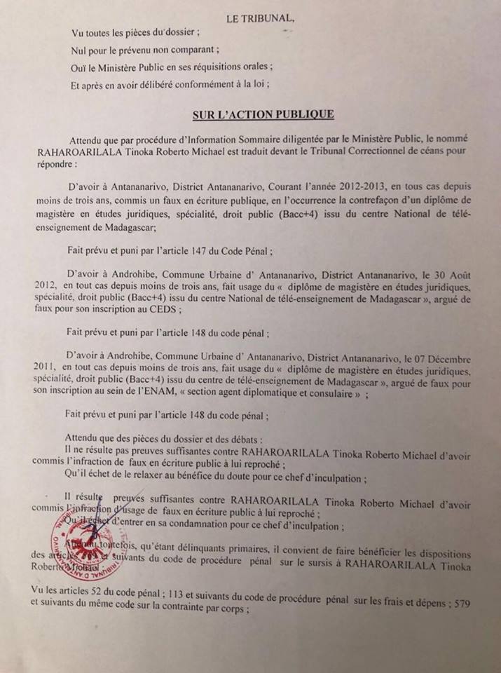 Concours ENAM et CEDS : Tinoka Roberto a utilisé un faux diplôme de magistère en études juridiques