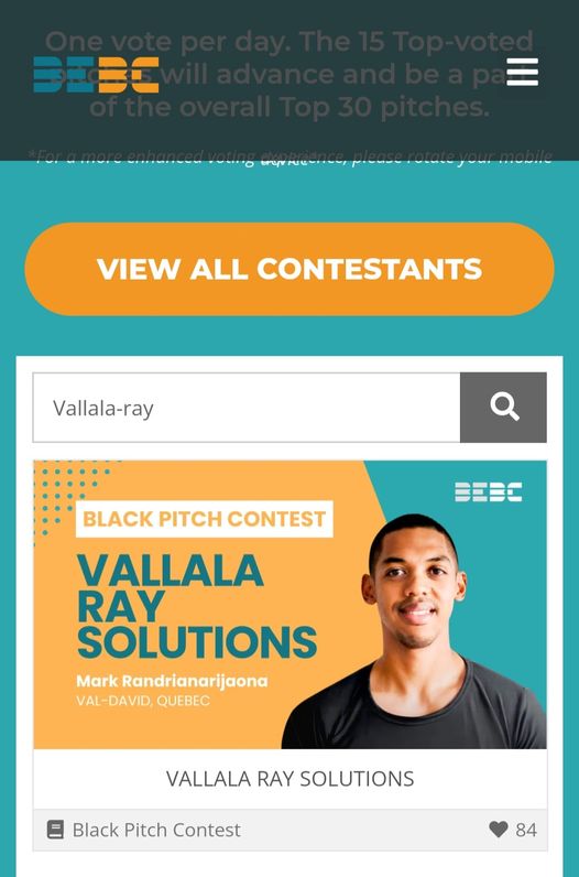 Peut être une image de 1 personne et texte qui dit ’3EBC VIEW ALL CONTESTANTS Vallala-ray BEBC BLACK PITCH CONTEST VALLALA RAY SOLUTIONS Mark Randrianarijaona -DAVID, QUEBEC VALLALA RAY SOLUTIONS Black Pitch Contest 84’